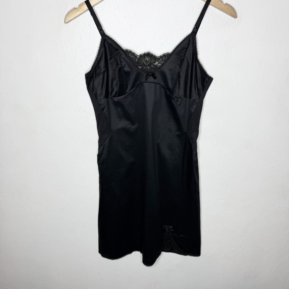 Vintage Warners‎ USA Made Black Full  Slip Dress Lace Detail Nylon Women's Small